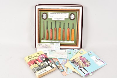 Lot 430 - A resin history of the cricket bat display together with a copy of This Sporting Life by David Storey and several rugby programs and tickets