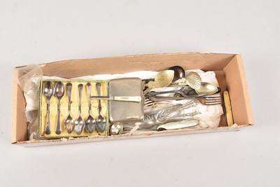 Lot 437 - Box of silver-plated items together with a Silver and Mother of pearl fruit knife