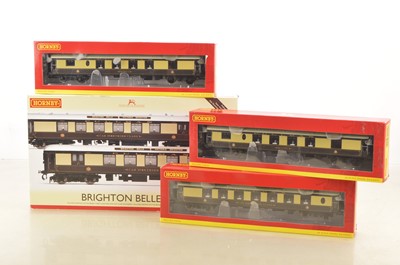 Lot 148 - Hornby 00 Gauge R2987 Brighton Belle SR 1934 chocolate and cream 2- Car Set and three additional Pullman Coaches, (4 boxes)