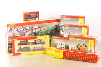 Lot 185 - Hornby 00 Gauge R1039 Flying Scotsman Train Set and GWR Goods Pack and Track Packs and Accessory Pack to create a complete model railway