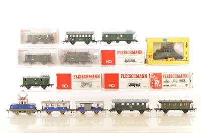 Lot 714 - Fleischmann HO Gauge Steeple Cab Electric Locomotives and Four Wheeled Coaches (12)