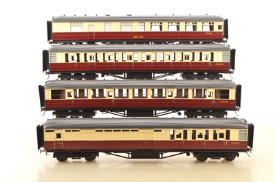 Lot 978 - Ian Kirk or similar 0 Gauge Finescale Kit built plastic bodied BR Crimson and Cream (Ex LNER Greasley) coaches (4)