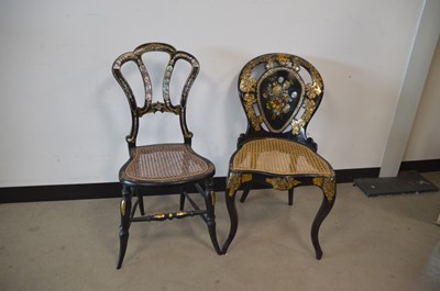 Lot 94 - Two Victorian black laquer and mother-of-pearl inlaid hall chairs