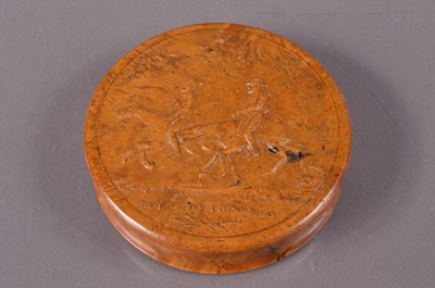 Lot 290 - A French pressed burr wood snuff box depicting the "Route de Poissy" after Carle Vernet