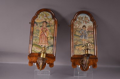 Lot 319 - A pair of English 18th Century style walnut, needlepoint and brass wall lights