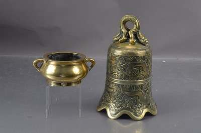 Lot 339 - A Chinese brass censer and a cast brass temple bell