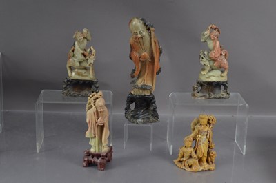 Lot 367 - Five antique Chinese carved soapstone figure groups