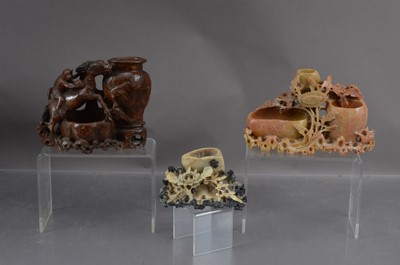 Lot 368 - Three antique Chinese carved soapstone ink pots or brush washers