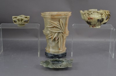 Lot 369 - Four Chinese antique carved soapstone items