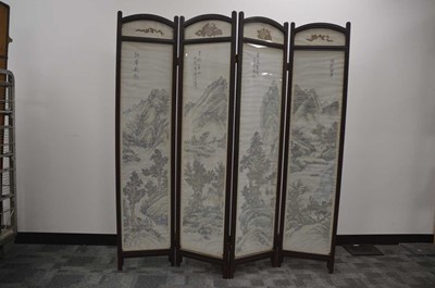 Lot 383 - An antique Chinese glazed hardwood four-fold screen