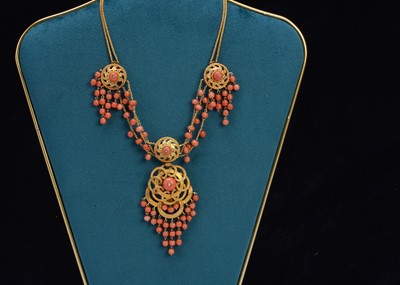 Lot 36 - A late 19th to early 20th century yellow metal coral and diamond necklace and pendant