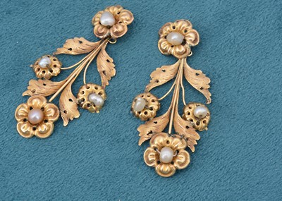 Lot 231 - A pair of continental yellow metal and pearl floral drop earrings