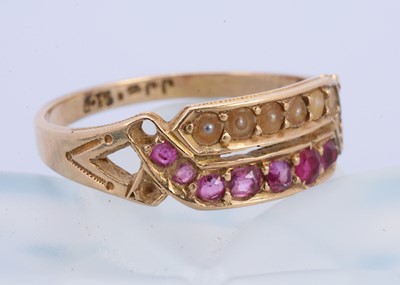 Lot 332 - A 15ct gold Edwardian ruby and seed pearl double band dress ring