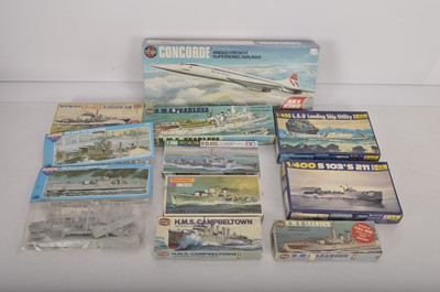 Lot 346 - Unbuilt plastic  Warship kits with Concorde aircraft in original boxes (11)