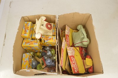 Lot 380 - Four Boxes of  1950'S ex shops Toys many in original boxes including EMU Jacks Kleeware Telephone balancing Toys and Scoobeedoo charm lace