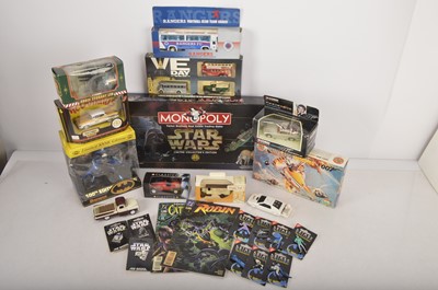 Lot 413 - Star Wars Monopoly James Bond  Cars  and Autogyro Kit Batman and Robin Figure  and Badges  and other themed Die-cast vehicles (24)