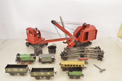 Lot 427 - Two large pressed steel Tri-ang Cranes and Hornby 0 gauge clockwork Train Set 