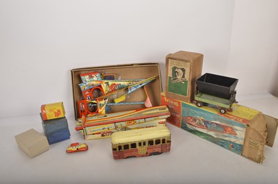 Lot 439 - Technofix tinplate Mine and Mettoy Funfair base Meccano clockwork Motors and Knights Head Dump wagon and Tri-ang electric Boat (10)