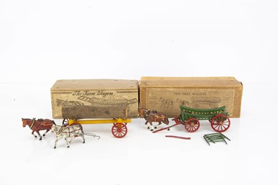 Lot 463 - Charbens pre WW2 version horse drawn farm vehicles in uncommon plain brown boxes comprising The Tree Wagon and 503 Farm Wagon