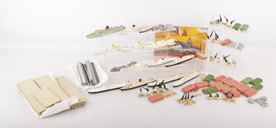 Lot 483 - Tri-ang Minic Ships unboxed Merchant Navy Liners Passenger Cargo ships Cranes Warehouses and other Accessories (100+)