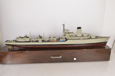 Lot 494 - a large scale model of Battle-Class Destroyer 'Cadiz' constructed using recycled coffee tins when the vendor was working in Saudi Arabia and finished in England