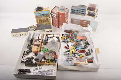 Lot 513 - Large collection of N Gauge Vehicles Scenic Accessories Airport Buildings Vehicles  card kits and various Loco spares and bodies (qty)