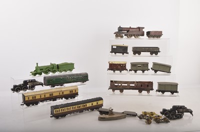 Lot 888 - A crudely made metal and wood scratchbuilt 00 Gauge Train set probably wartime/early post-war consisting of Locomotive and various wagons and Coach and Exley SR green coach with bogie and two later