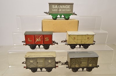 Lot 1037 - Hornby 0 Gauge pre-war vans and one Repro (5)