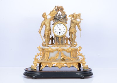 Lot 26 - A late 19th century French gilt spelter and alabaster mantle clock