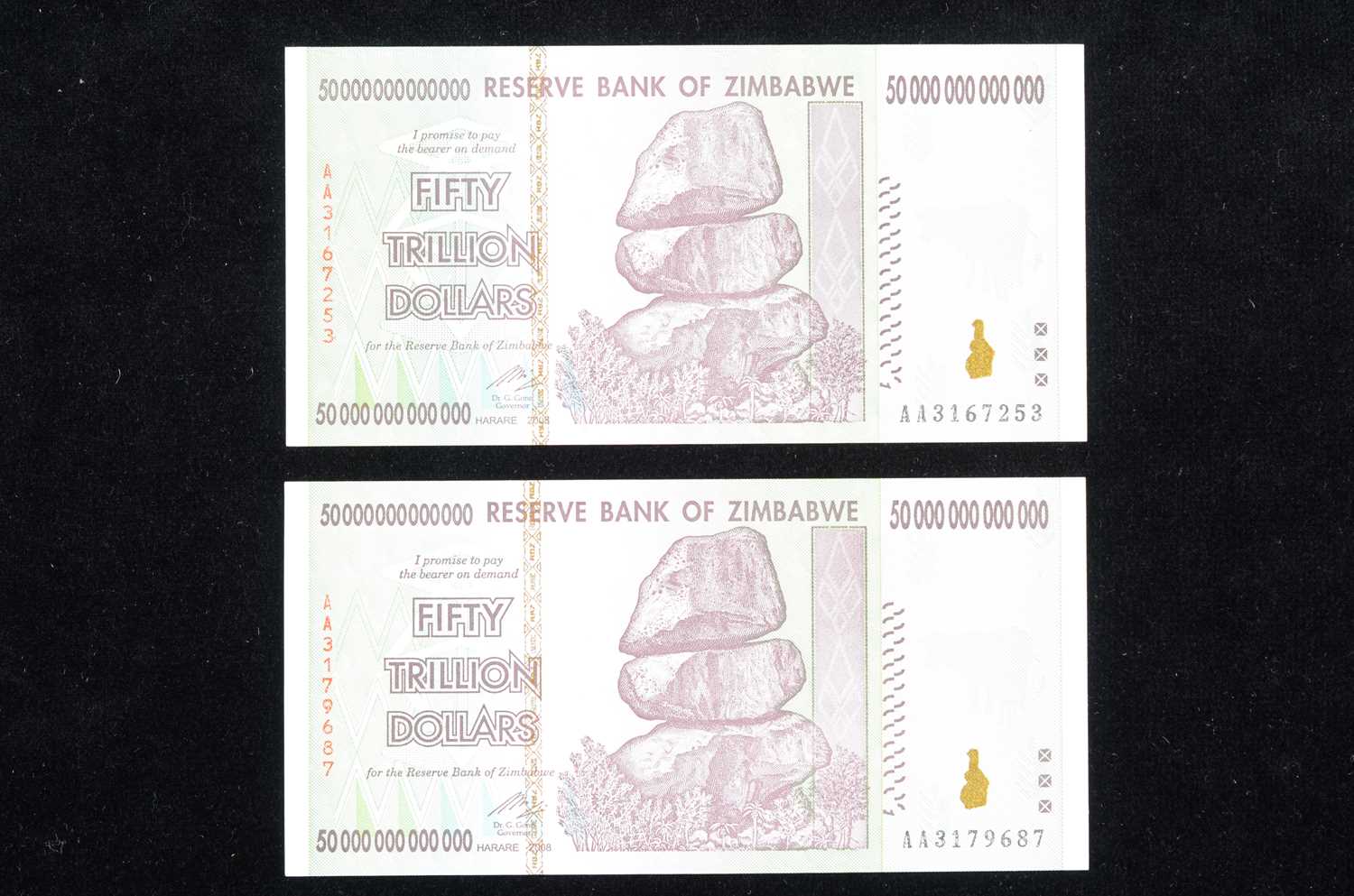 Lot 228 - Two Zimbabwe Fifty Trillion Dollars banknotes