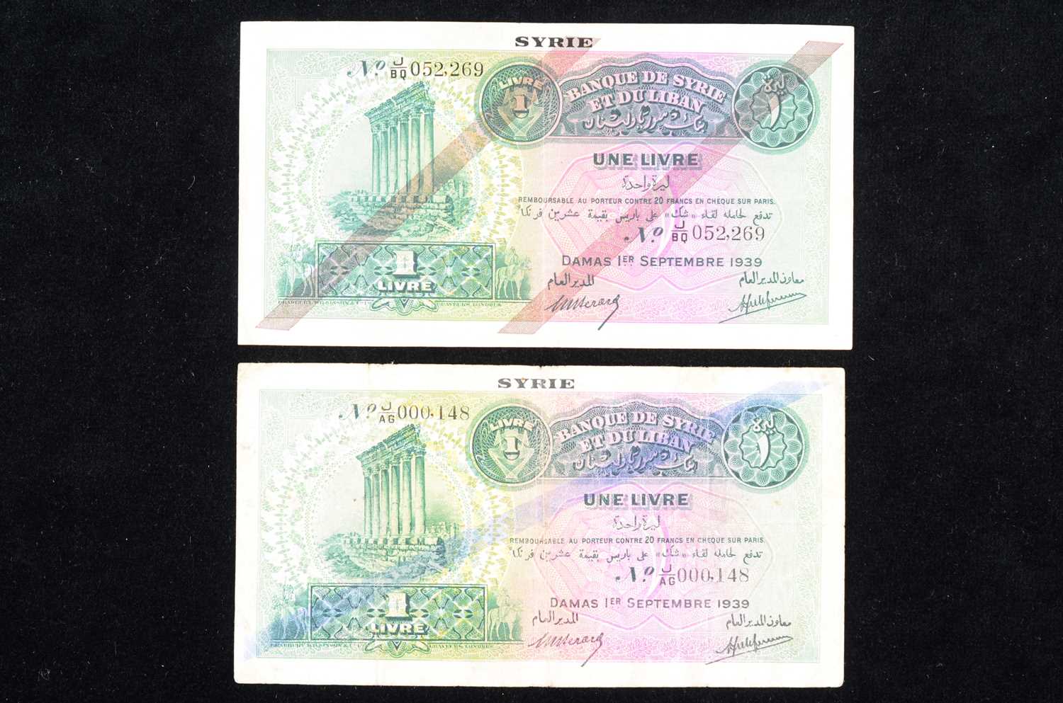 Lot 268 - Syria a pair of 1 Livre banknotes