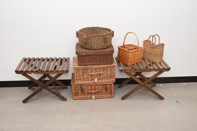 Lot 65 - Two folding luggage racks and six various wicker items