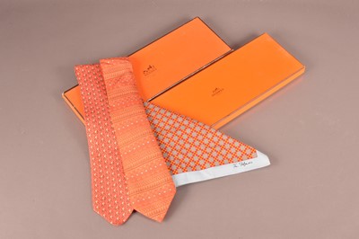 Lot 146 - Two Hermes silk ties and a John Stefanidis cotton handkerchief