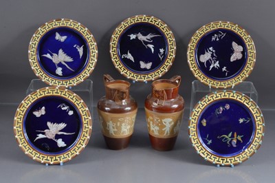 Lot 395 - Doulton Lambeth Egyptian Revival jugs and Wedgwood majolica plates