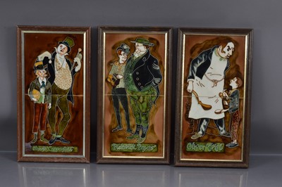 Lot 405 - A set of three Maw & Co tubeline majolica Charles Dickens pictures