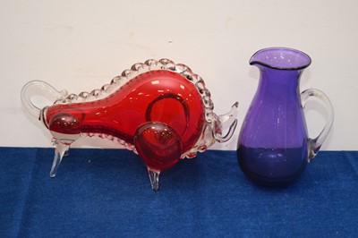 Lot 411 - A Murano style glass figure of a bull and a Stuart Fletcher purple jug