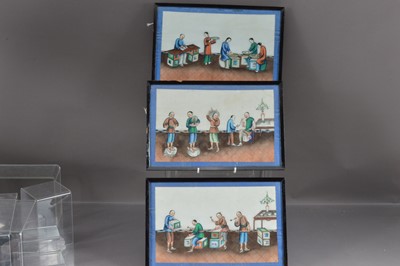 Lot 455 - A set of three 19th Century Chinese paintings illustrating tea production