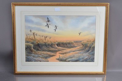 Lot 527 - Simon Trinder (b.1958) "Pintail Over Marshes" watercolour