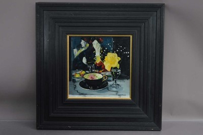 Lot 528 - Gordon G Henderson (Scottish 20th Century) "Yellow Rose and Portrait"