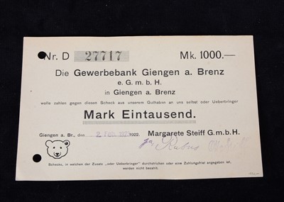 Lot 83 - A rare Margarete Steiff G.m.b.H company cheque