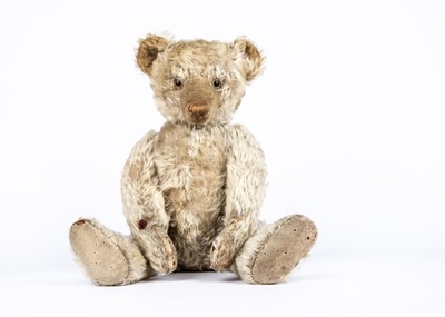 Lot 89 - A rare Bing white mohair Teddy Bear with tinplate label on arm, 1920s