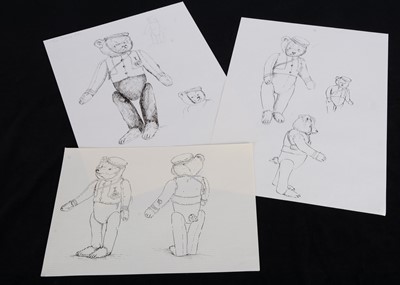 Lot 132 - Seven original pen and ink studies of the Schuco Bellhop Teddy Bear in previous lot