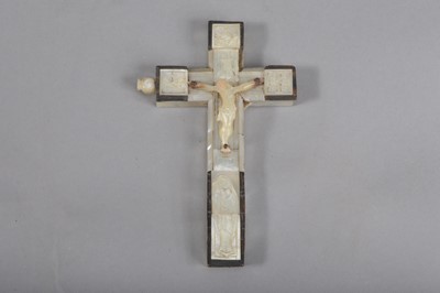 Lot 110 - A late 19th century Jerusalem olive wood and mother of pearl crucifix