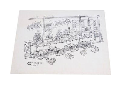 Lot 204 - An Ed McLachlan cartoon of four babies outside of shop in prams, 1993