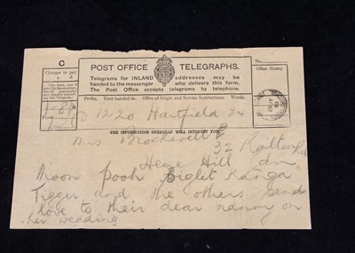 Lot 242 - 4 Post Office Telegraphs (carbon copies), sent to Olive Brockwell (Christopher Robin’s nanny) on the occasion of her marriage from the Milnes