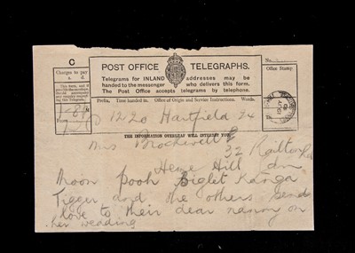Lot 242 - 4 Post Office Telegraphs (carbon copies), sent to Olive Brockwell (Christopher Robin’s nanny) on the occasion of her marriage from the Milnes