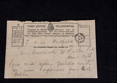 Lot 242 - 4 Post Office Telegraphs (carbon copies), sent to Olive Brockwell (Christopher Robin’s nanny) on the occasion of her marriage from the Milnes