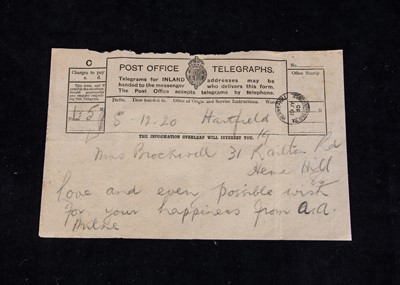 Lot 242 - 4 Post Office Telegraphs (carbon copies), sent to Olive Brockwell (Christopher Robin’s nanny) on the occasion of her marriage from the Milnes