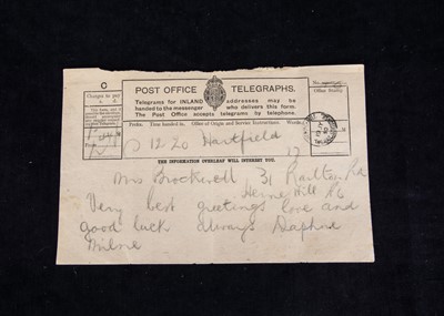 Lot 242 - 4 Post Office Telegraphs (carbon copies), sent to Olive Brockwell (Christopher Robin’s nanny) on the occasion of her marriage from the Milnes