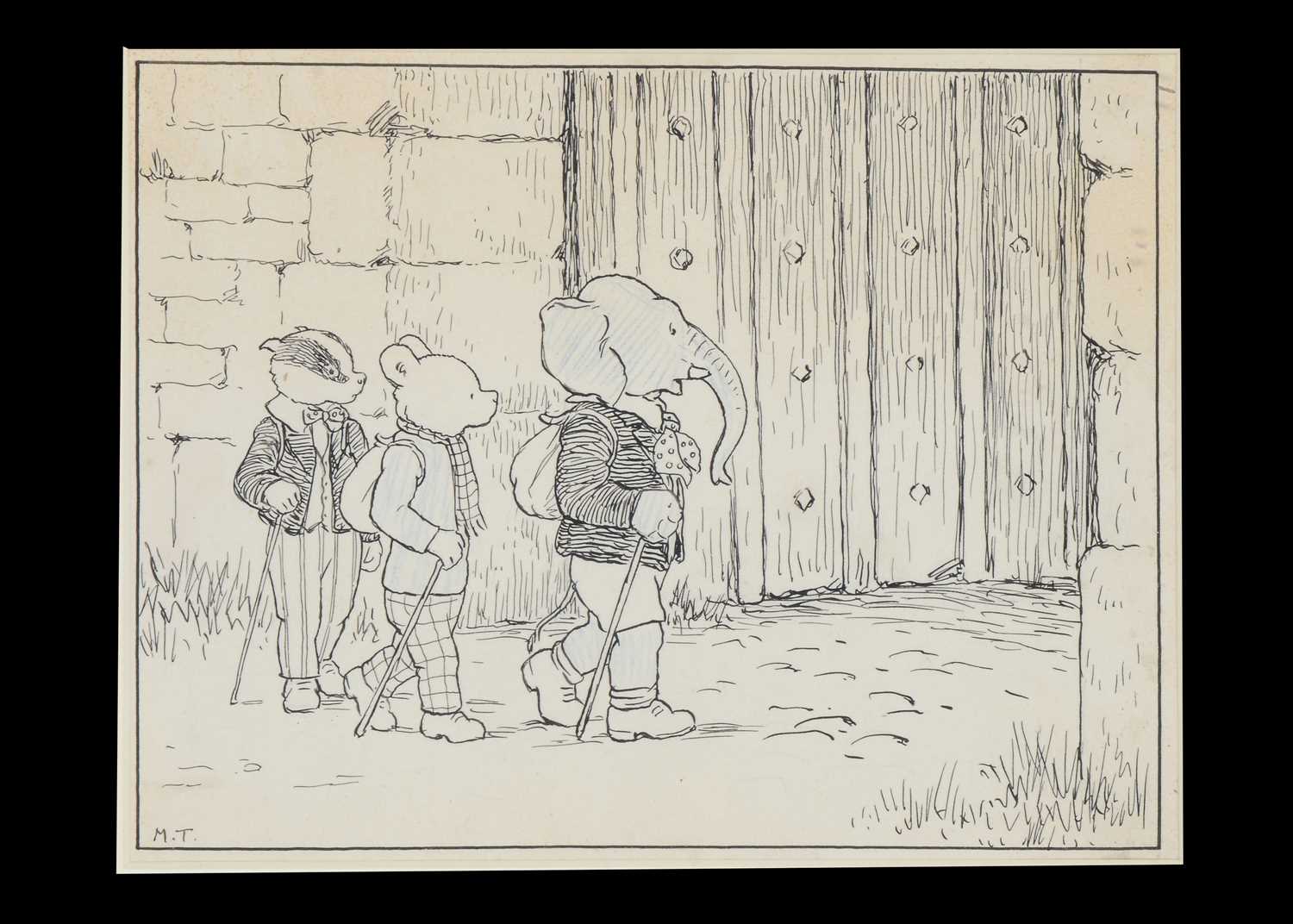 Lot 271 - A rare Mary Tourtel original pen and ink with crayon illustration of Rupert Bear and friends, 1932